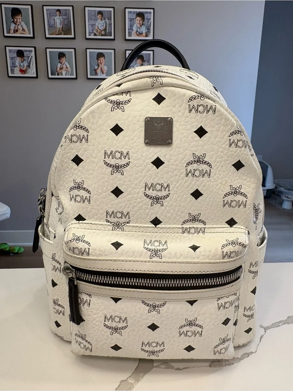MCM White Logo Print Stark Backpack with Black Accents